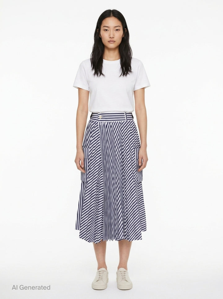 Striped Cotton Poplin Pleated Skirt | sacai | Club21 - front