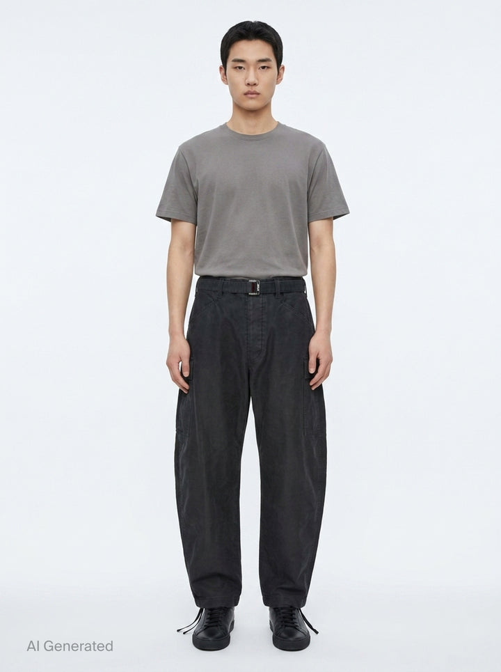 sacai Sueded Cotton Cargo Pants in washed black, featuring a balloon-leg silhouette, belted high waist, flap cargo pockets, and adjustable drawstring hems, photographed flat on a white background - front