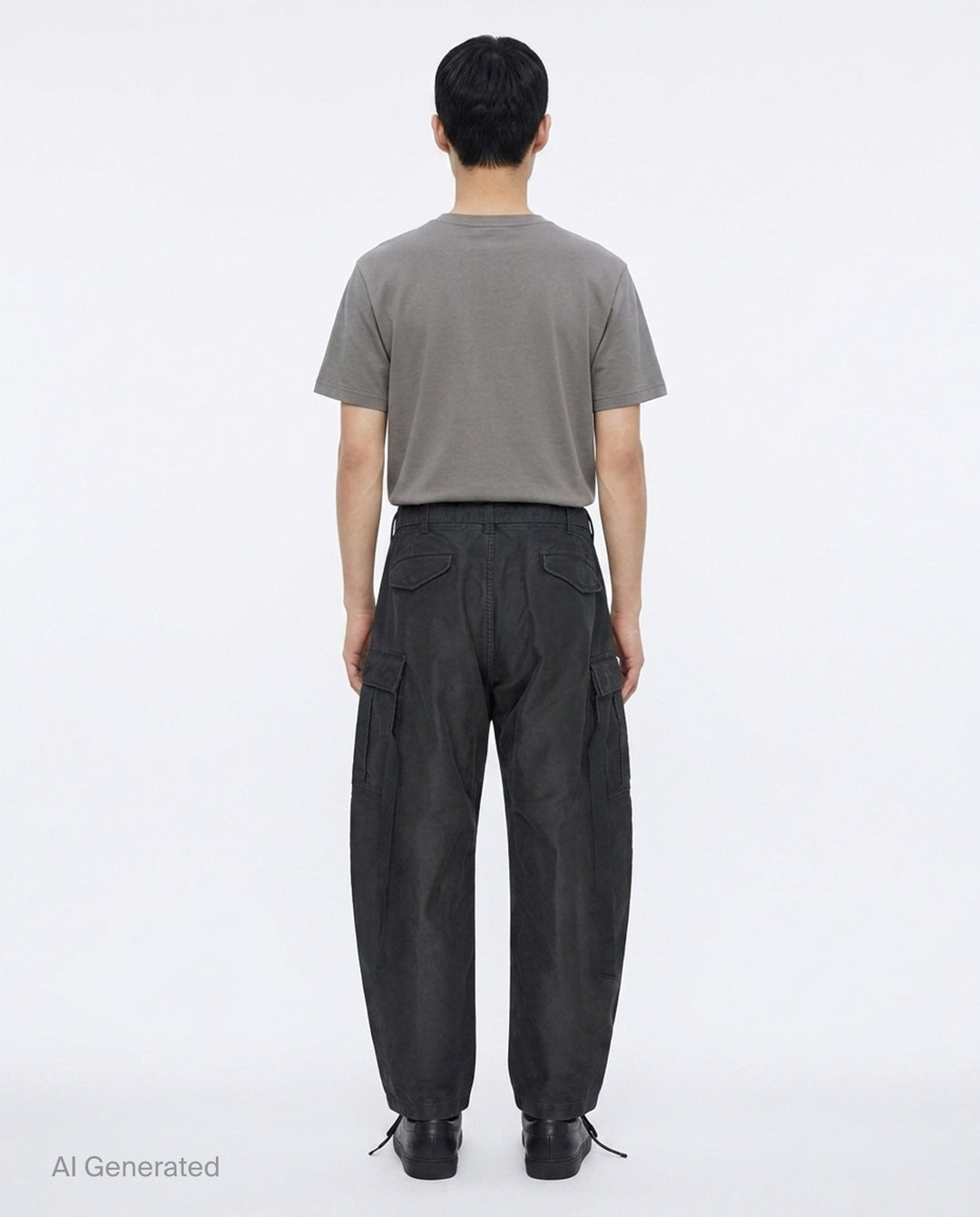 sacai Sueded Cotton Cargo Pants in washed black, featuring a balloon-leg silhouette, belted high waist, flap cargo pockets, and adjustable drawstring hems, photographed flat on a white background - back