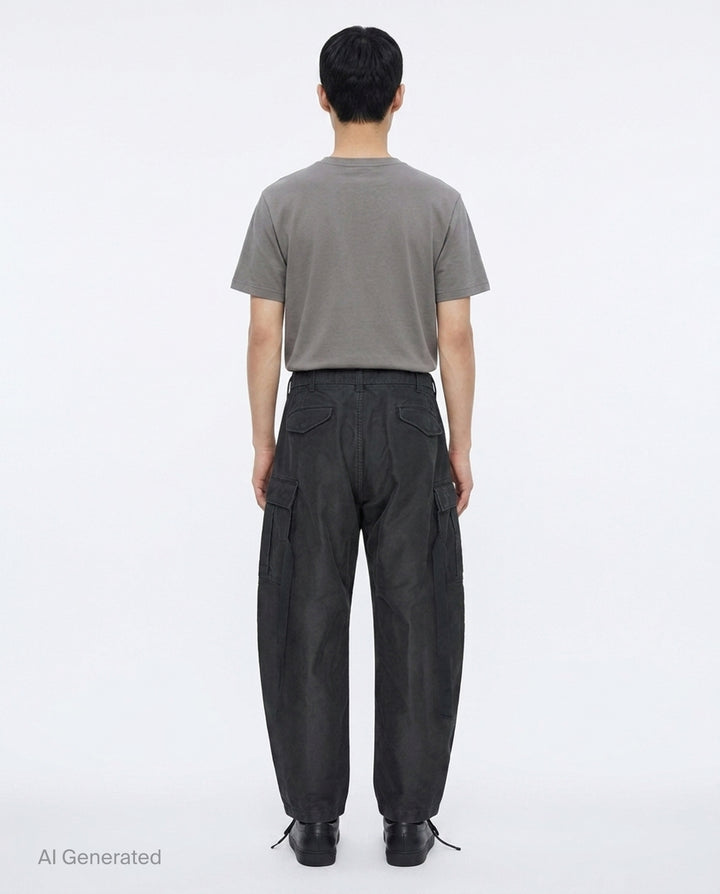 sacai Sueded Cotton Cargo Pants in washed black, featuring a balloon-leg silhouette, belted high waist, flap cargo pockets, and adjustable drawstring hems, photographed flat on a white background - back