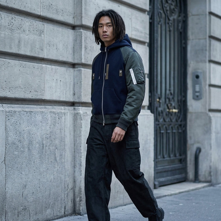 sacai Sueded Cotton Cargo Pants in washed black, featuring a balloon-leg silhouette, belted high waist, flap cargo pockets, and adjustable drawstring hems, photographed flat on a white background - lifestyle