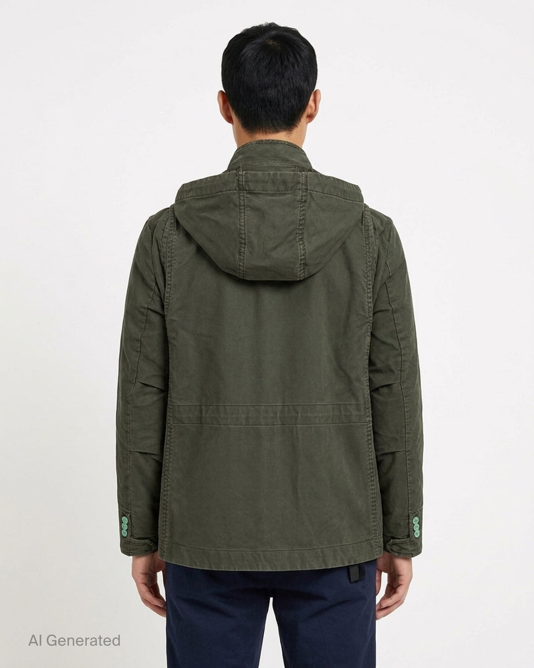 sacai olive green sueded cotton hooded jacket with navy drawcords, mint green collar buttons and flap pockets - back
