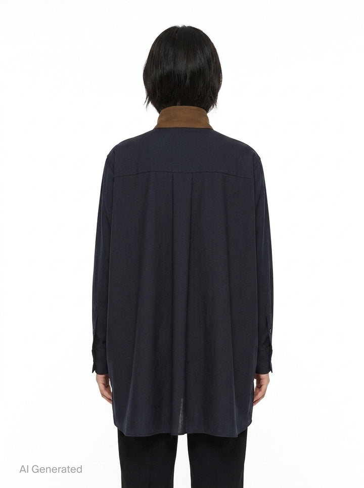 sacai Suiting x Crepe Back Satin Shirt in khaki and navy, featuring four flap cargo pockets, stand collar, and contrast long sleeves in a relaxed oversized silhouette - back