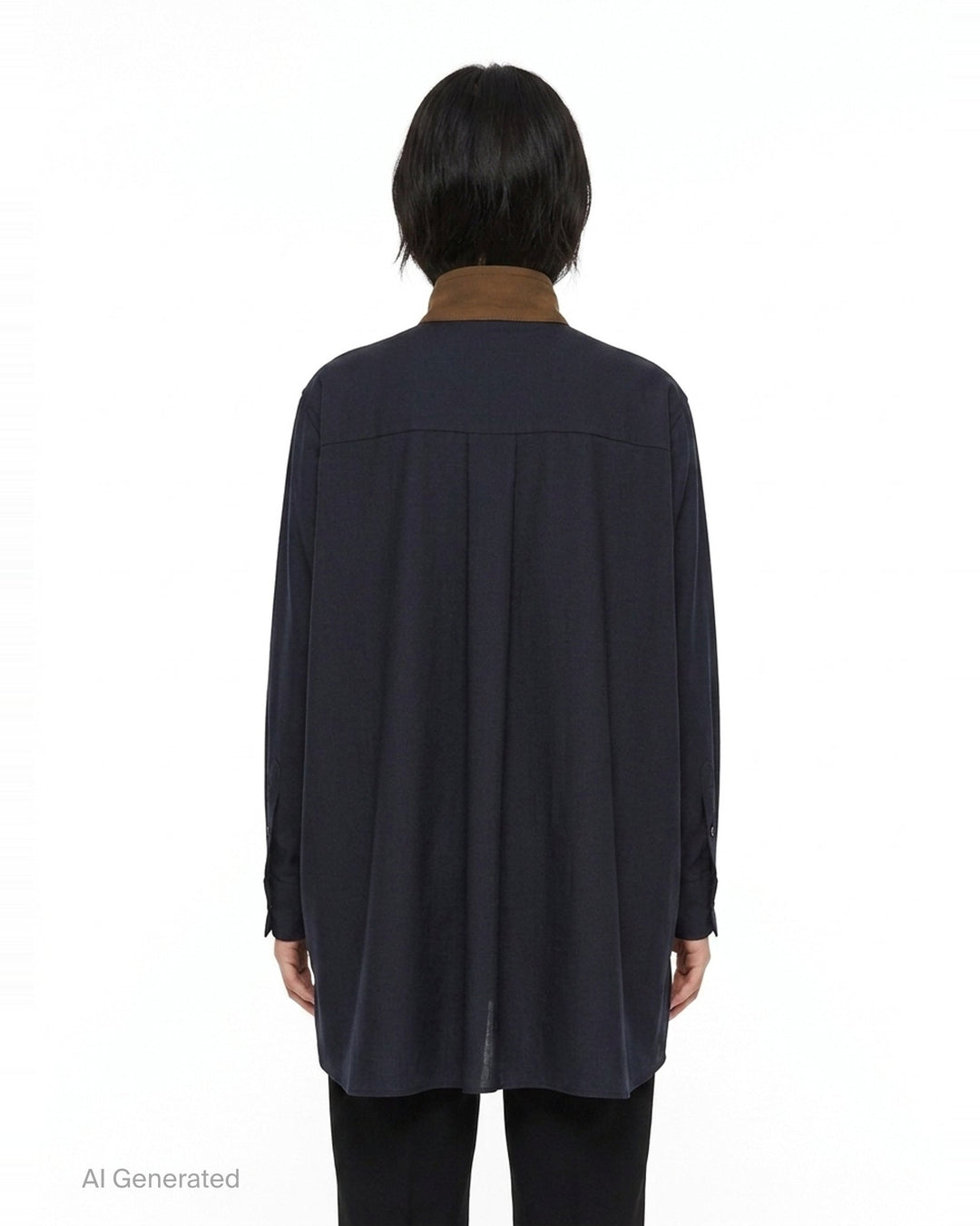 sacai Suiting x Crepe Back Satin Shirt in khaki and navy, featuring four flap cargo pockets, stand collar, and contrast long sleeves in a relaxed oversized silhouette - back