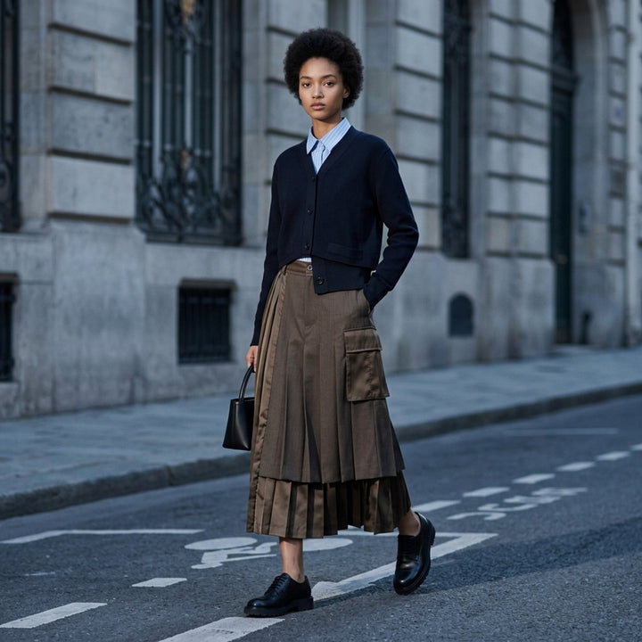 sacai Suiting x Nylon Twill Skirt in taupe — midi length with mixed fabric panels, deep knife pleats, layered nylon hem, and a patch cargo pocket - lifestyle