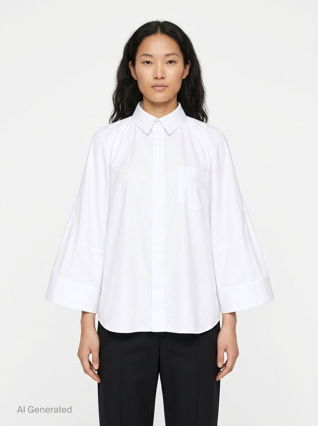 sacai Wide Sleeve Poplin Shirt in black, featuring a concealed button placket, point collar, flared long sleeves with deep cuffs, a chest patch pocket, and twin lower patch pockets - front