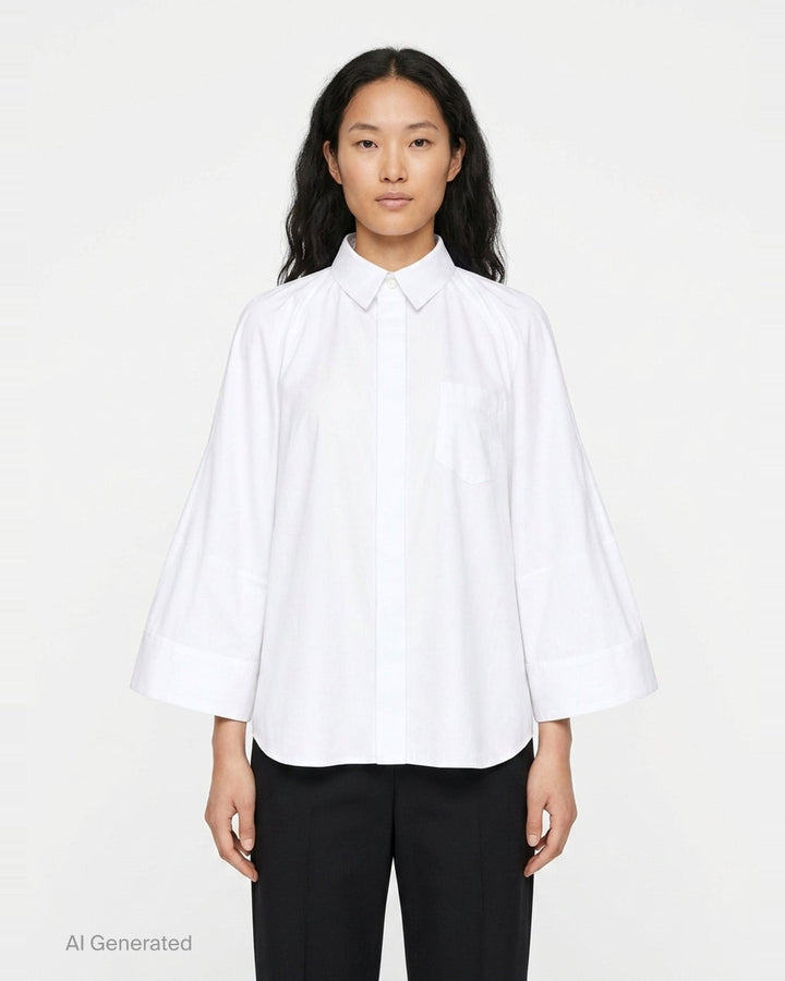 sacai Wide Sleeve Poplin Shirt in black, featuring a concealed button placket, point collar, flared long sleeves with deep cuffs, a chest patch pocket, and twin lower patch pockets - front