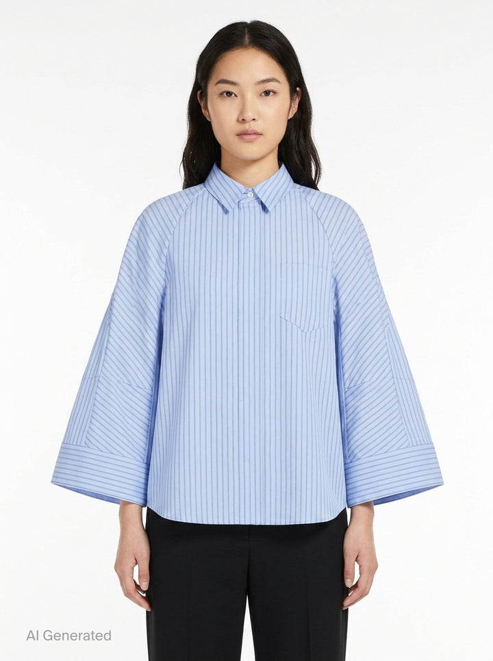sacai Wide Sleeve Poplin Shirt in black, featuring a concealed button placket, point collar, flared long sleeves with deep cuffs, a chest patch pocket, and twin lower patch pockets - front