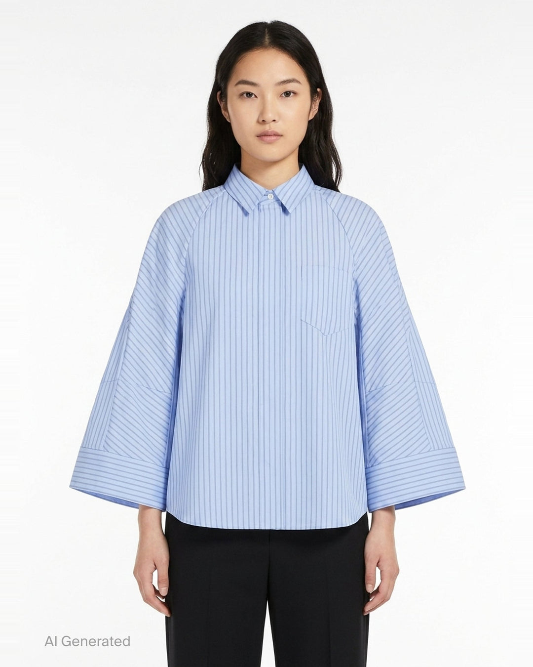 sacai Wide Sleeve Poplin Shirt in black, featuring a concealed button placket, point collar, flared long sleeves with deep cuffs, a chest patch pocket, and twin lower patch pockets - front