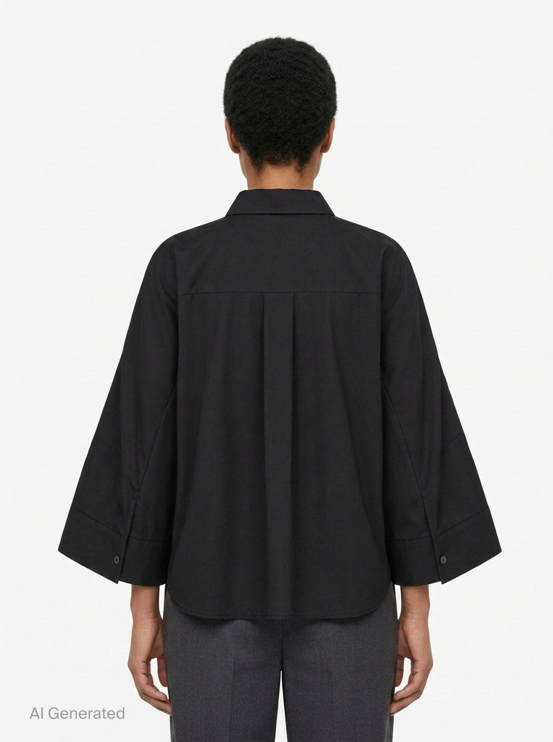 sacai Wide Sleeve Poplin Shirt in black, featuring a concealed button placket, point collar, flared long sleeves with deep cuffs, a chest patch pocket, and twin lower patch pockets - back