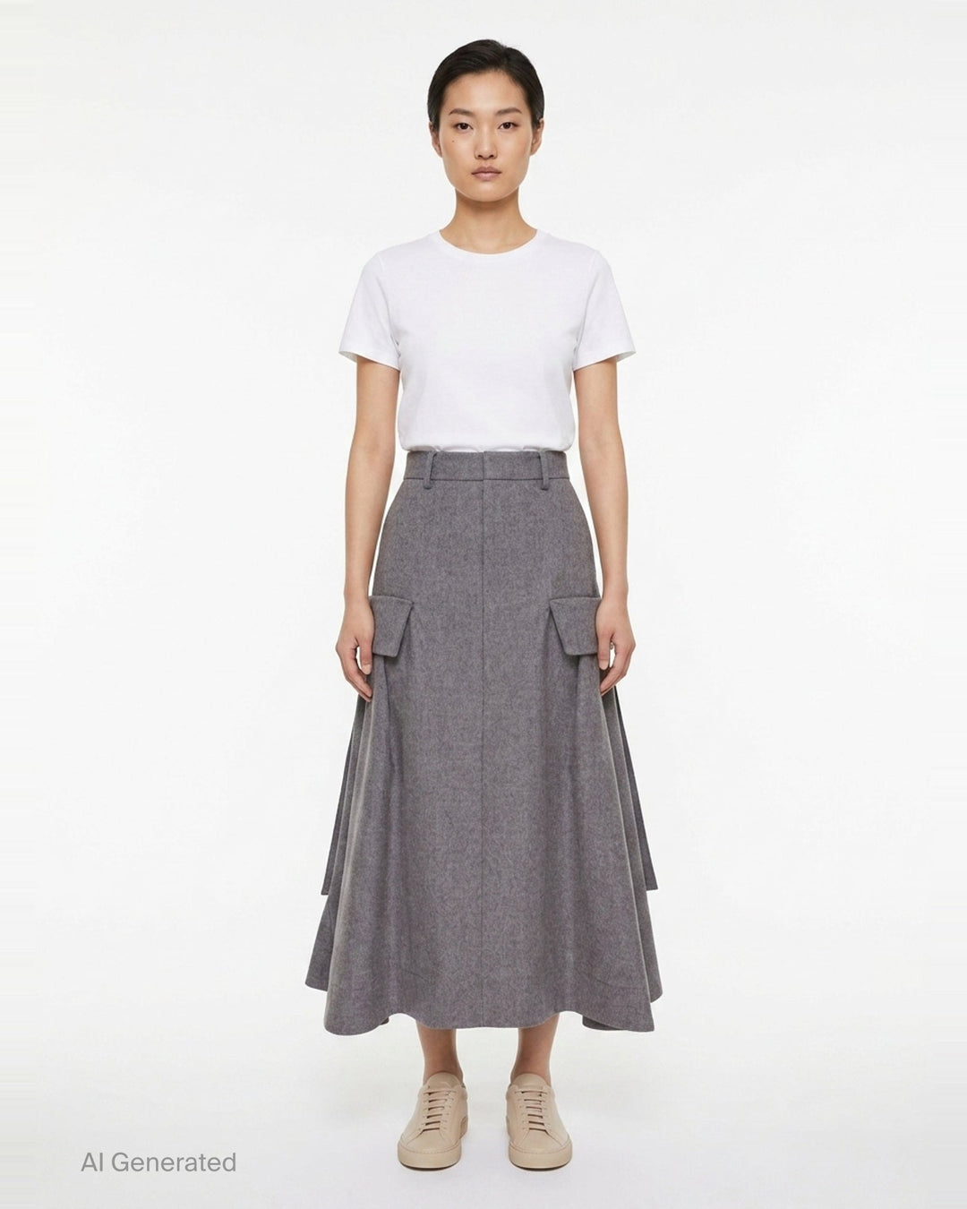sacai Wool Flannel Cargo Skirt in heather grey — high-waisted A-line midi with dual utility patch pockets and belt loops, front view - front