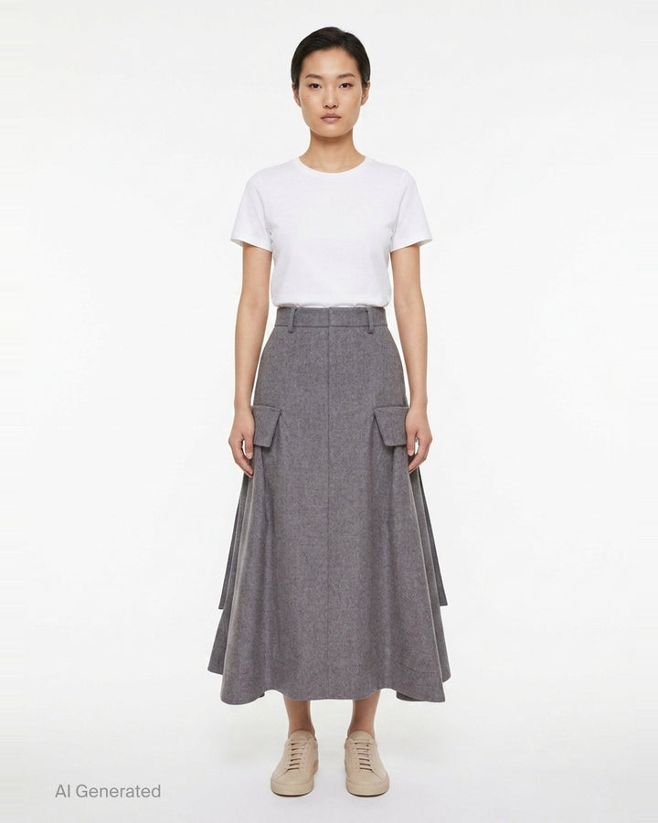 sacai Wool Flannel Cargo Skirt in heather grey — high-waisted A-line midi with dual utility patch pockets and belt loops, front view - front