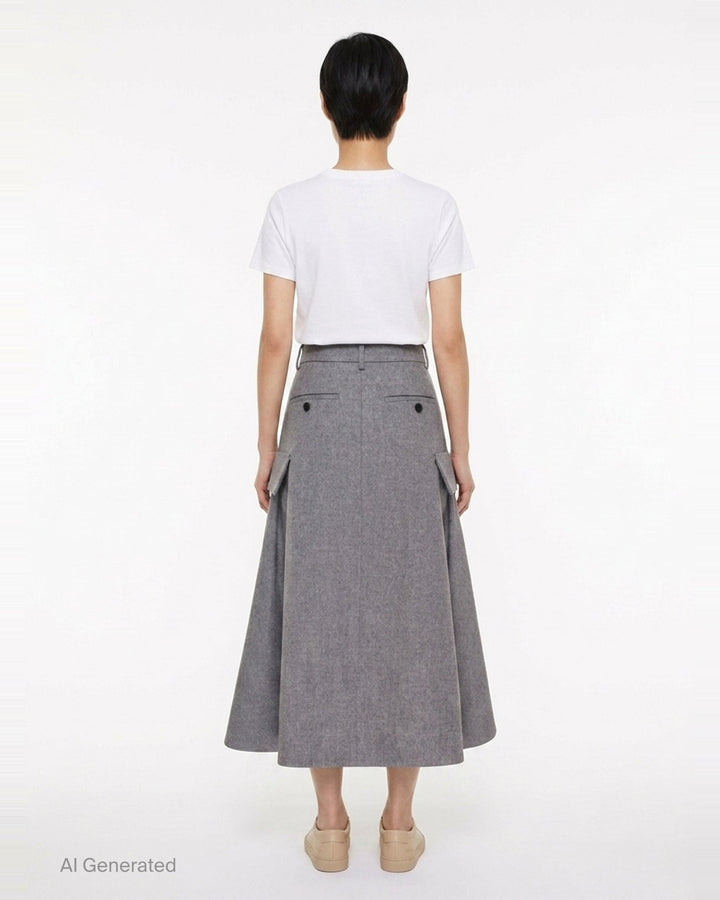 sacai Wool Flannel Cargo Skirt in heather grey — high-waisted A-line midi with dual utility patch pockets and belt loops, front view - back