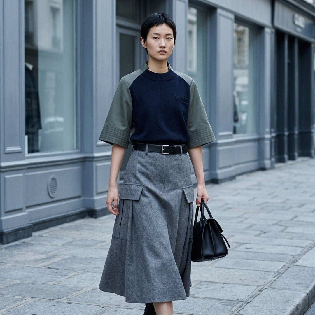 sacai Wool Flannel Cargo Skirt in heather grey — high-waisted A-line midi with dual utility patch pockets and belt loops, front view - lifestyle