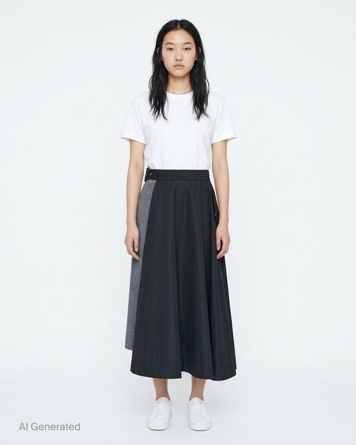 sacai Wool Flannel x Taffeta Bonding midi skirt in navy and grey with asymmetric contrast panel and belted waistband - front