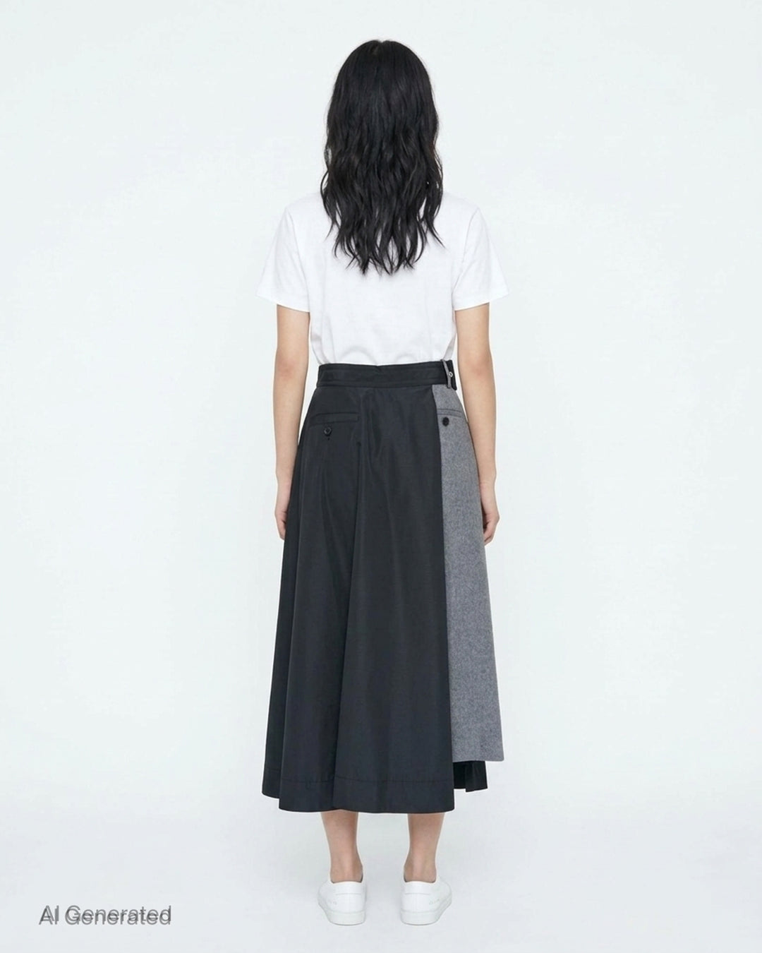sacai Wool Flannel x Taffeta Bonding midi skirt in navy and grey with asymmetric contrast panel and belted waistband - back