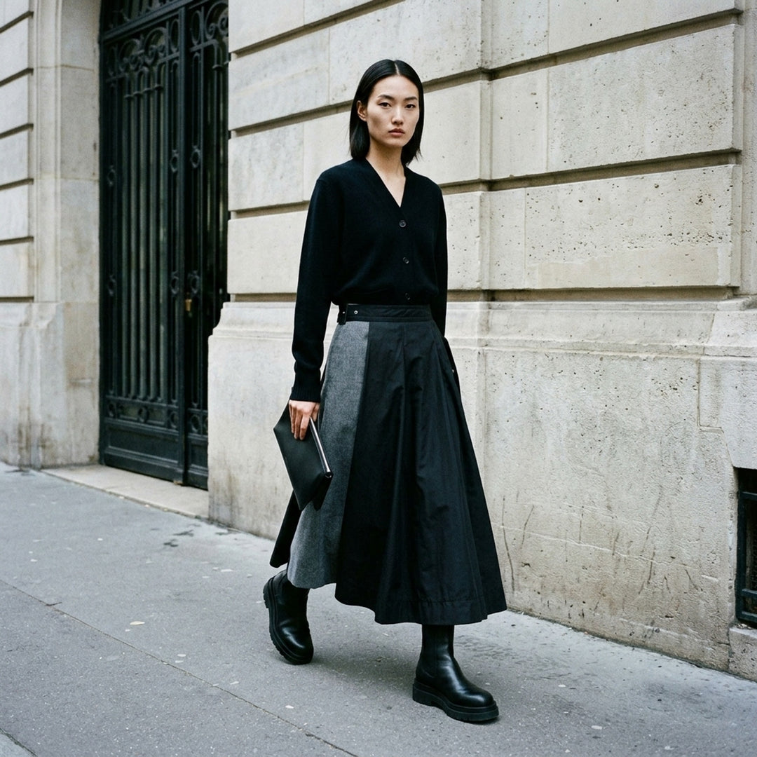 sacai Wool Flannel x Taffeta Bonding midi skirt in navy and grey with asymmetric contrast panel and belted waistband - lifestyle