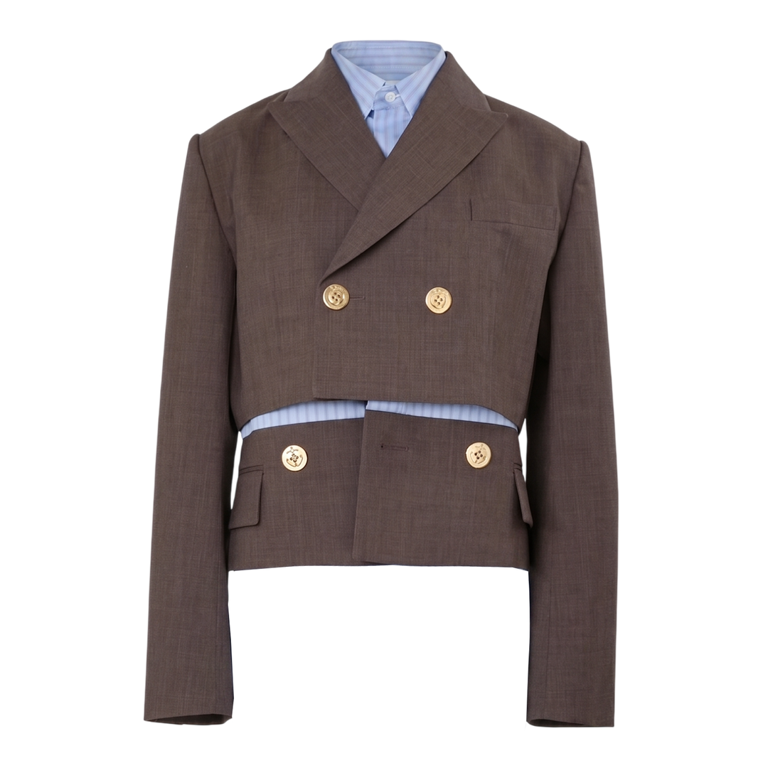 sacai Suiting x Poplin Jacket in brown — a cropped double-breasted blazer with ornate gold buttons layered over a blue striped poplin shirt, shown on a display form against a white background
