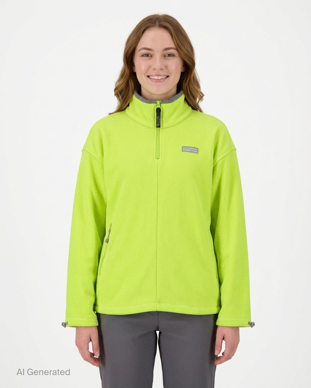 Sandy Liang Ascher pullover in lime green fleece with half-zip front, grey contrast collar, toggle cuffs and woven logo patch - front