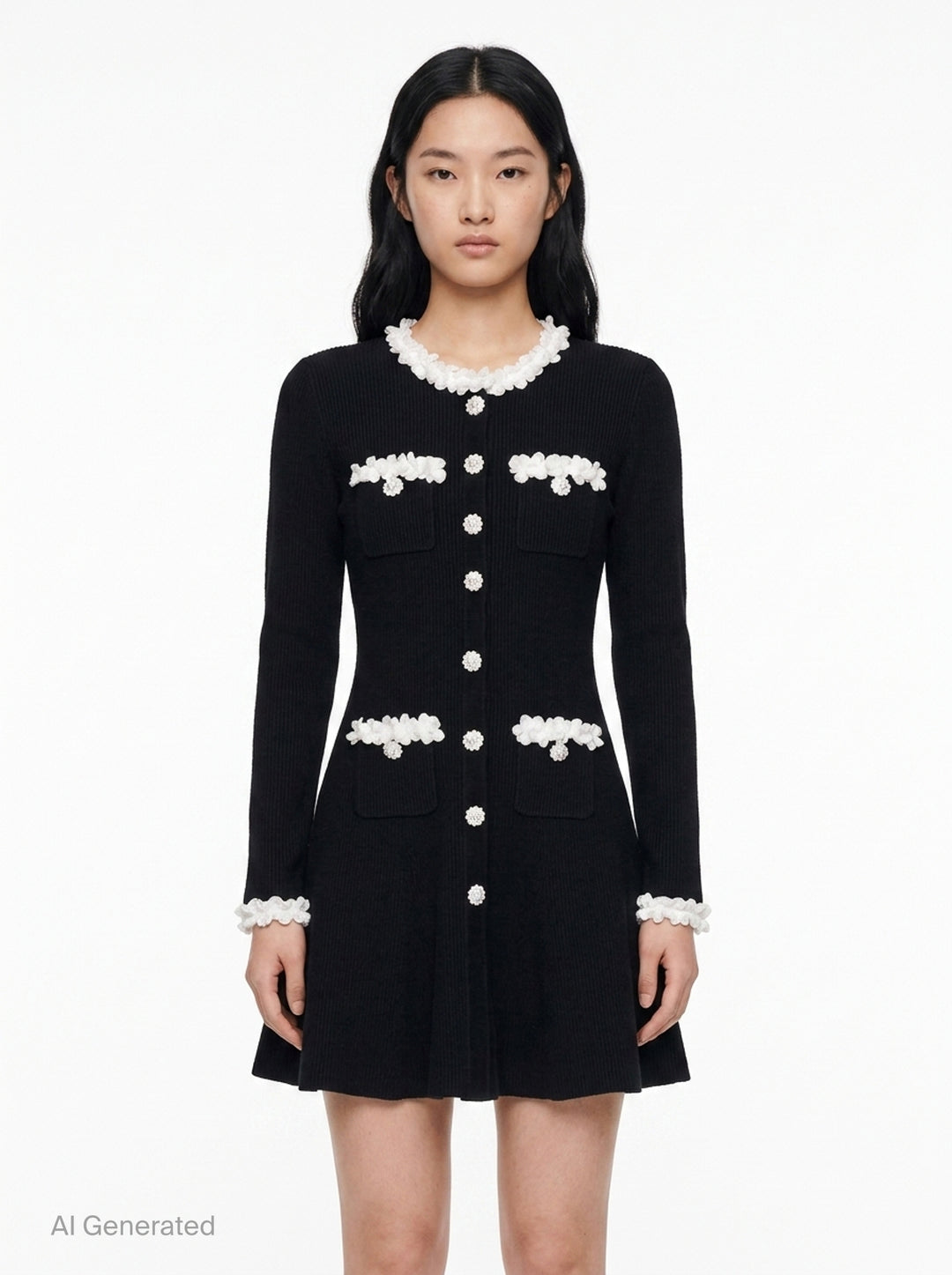 Black Chenille Knit Flower Trim Mini Dress | Self-Portrait | Club21 - front