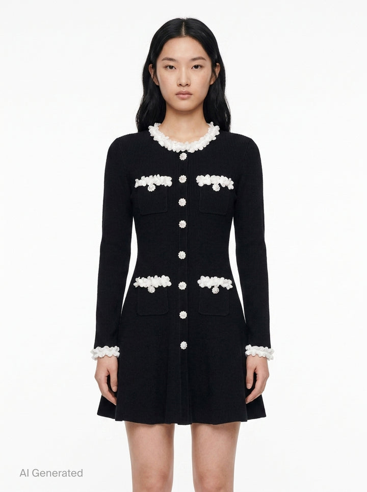 Black Chenille Knit Flower Trim Mini Dress | Self-Portrait | Club21 - front