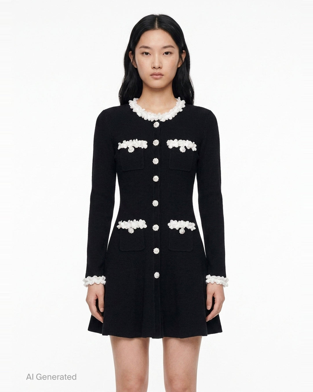 Black Chenille Knit Flower Trim Mini Dress | Self-Portrait | Club21 - front