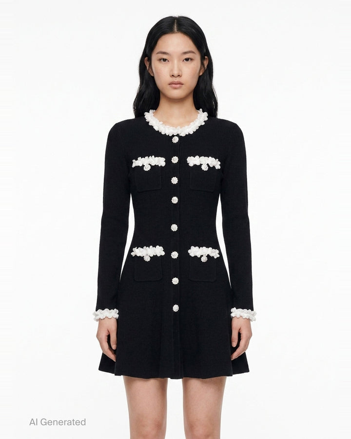 Black Chenille Knit Flower Trim Mini Dress | Self-Portrait | Club21 - front