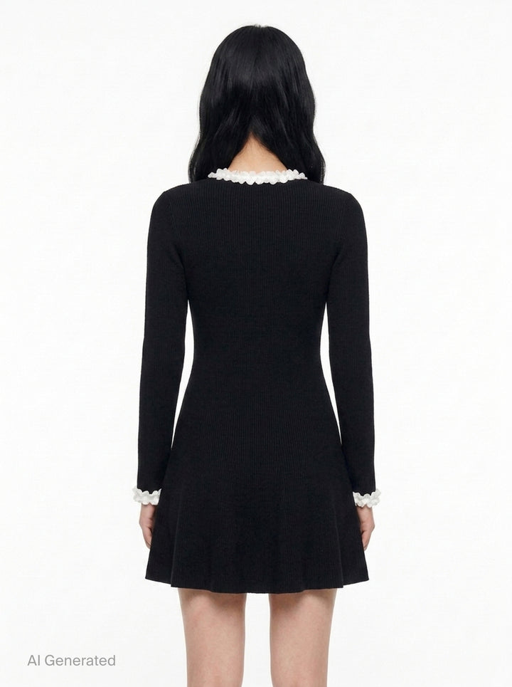 Black Chenille Knit Flower Trim Mini Dress | Self-Portrait | Club21 - back