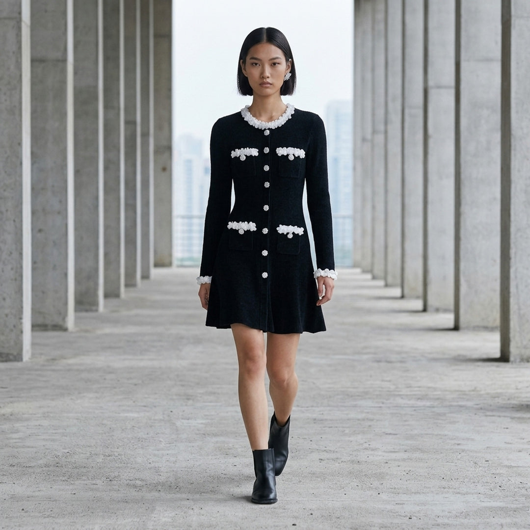Black Chenille Knit Flower Trim Mini Dress | Self-Portrait | Club21 - lifestyle