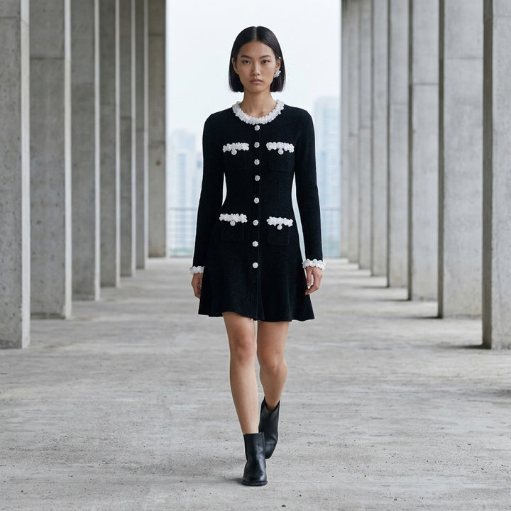 Black Chenille Knit Flower Trim Mini Dress | Self-Portrait | Club21 - lifestyle