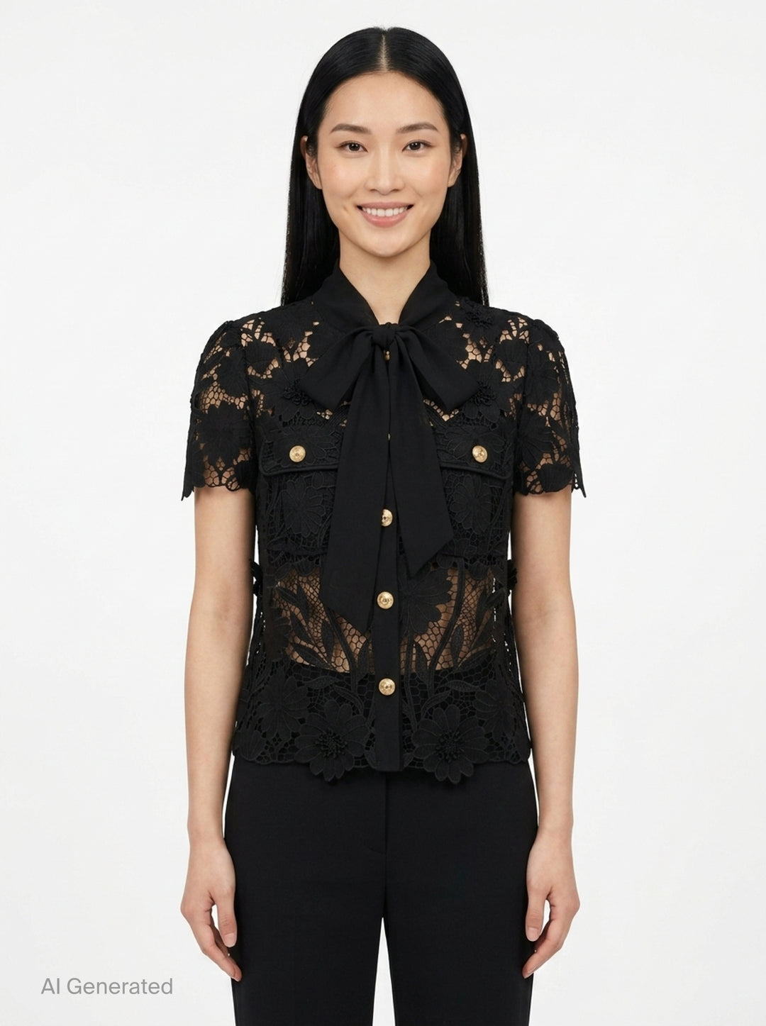 Black Lace Tie Neck Top | Self-Portrait | Club21 - front