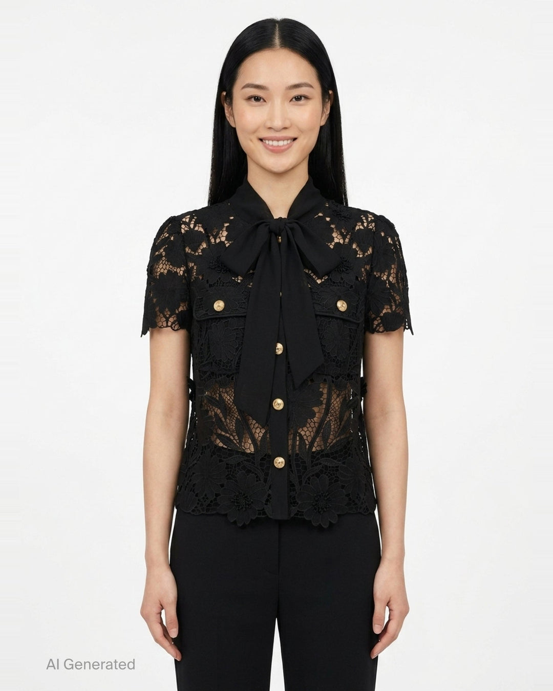 Black Lace Tie Neck Top | Self-Portrait | Club21 - front