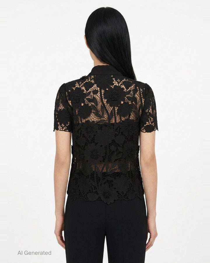 Black Lace Tie Neck Top | Self-Portrait | Club21 - back