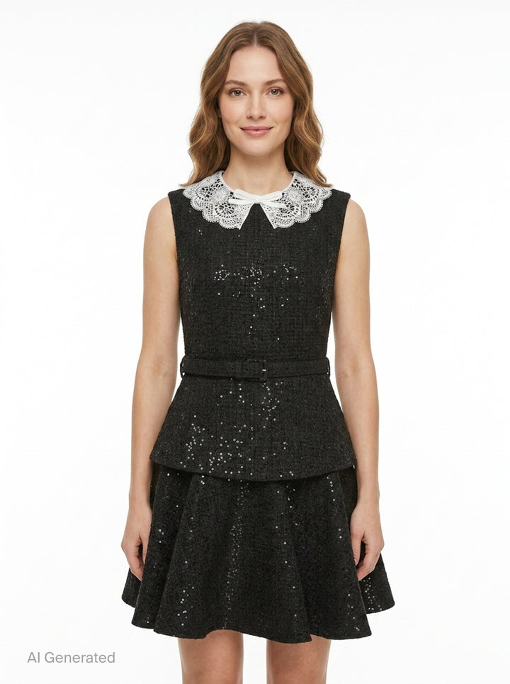 Black Sequin Boucle Mini Dress | Self-Portrait | Club21 - front