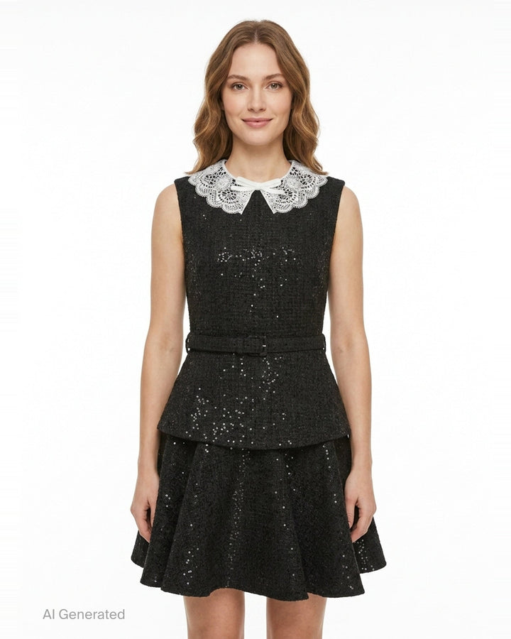 Black Sequin Boucle Mini Dress | Self-Portrait | Club21 - front
