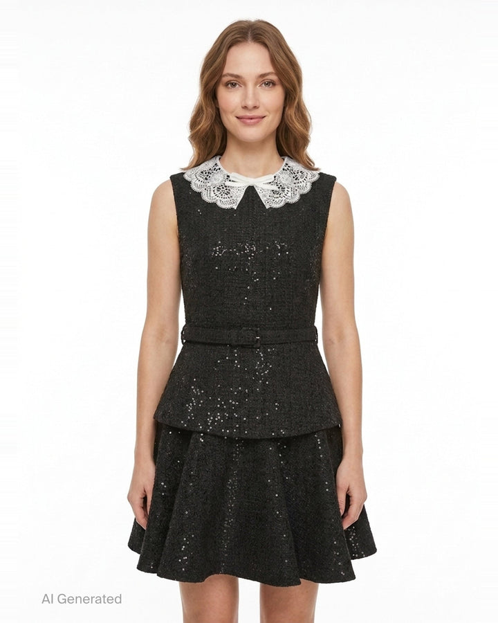 Black Sequin Boucle Mini Dress | Self-Portrait | Club21 - back