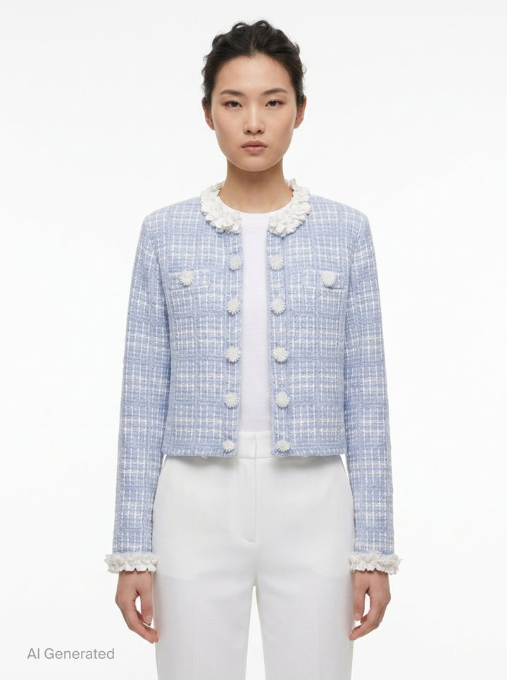 Blue Check Knit Jacket | Self-Portrait | Club21 - front