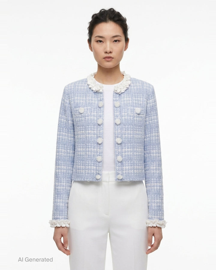Blue Check Knit Jacket | Self-Portrait | Club21 - front