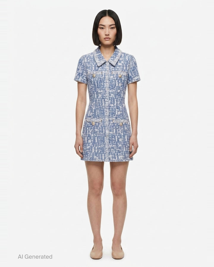Blue Collared Textured Denim Mini Dress | Self-Portrait | Club21 - front