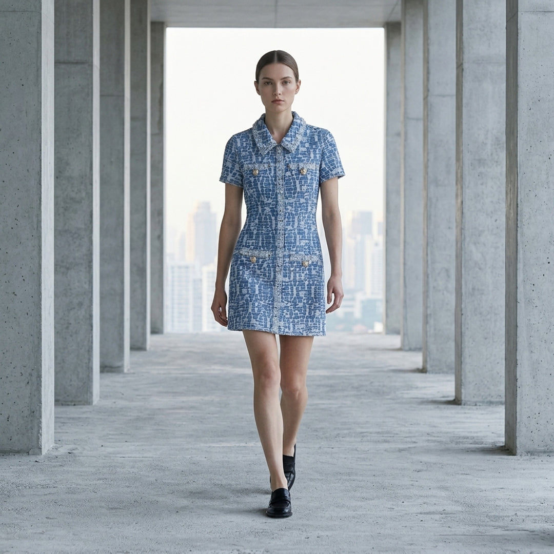 Blue Collared Textured Denim Mini Dress | Self-Portrait | Club21 - lifestyle