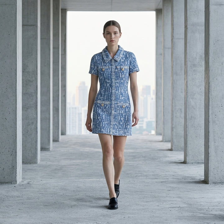 Blue Collared Textured Denim Mini Dress | Self-Portrait | Club21 - lifestyle