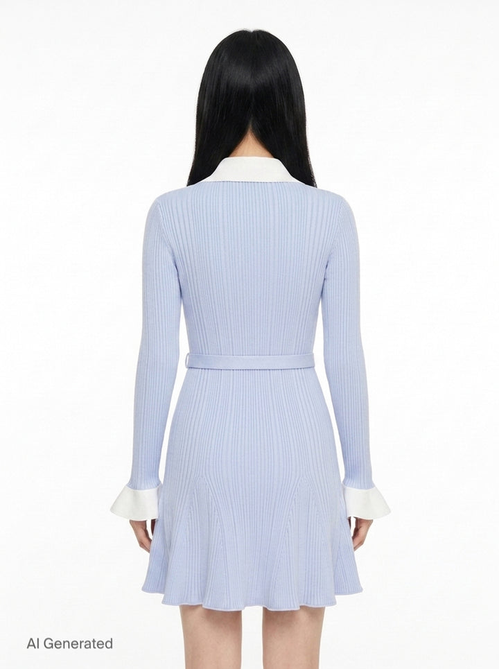 Blue Ribbed Knit Mini Dress | Self-Portrait | Club21 - back