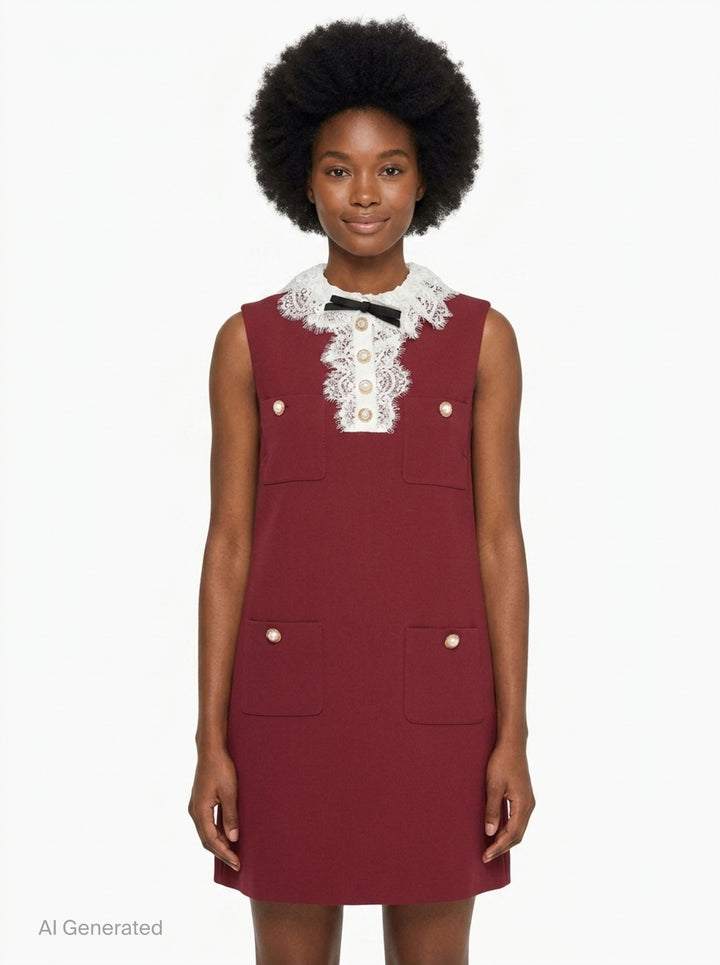 Burgundy Crepe Lace Collar Mini Dress | Self-Portrait | Club21 - front