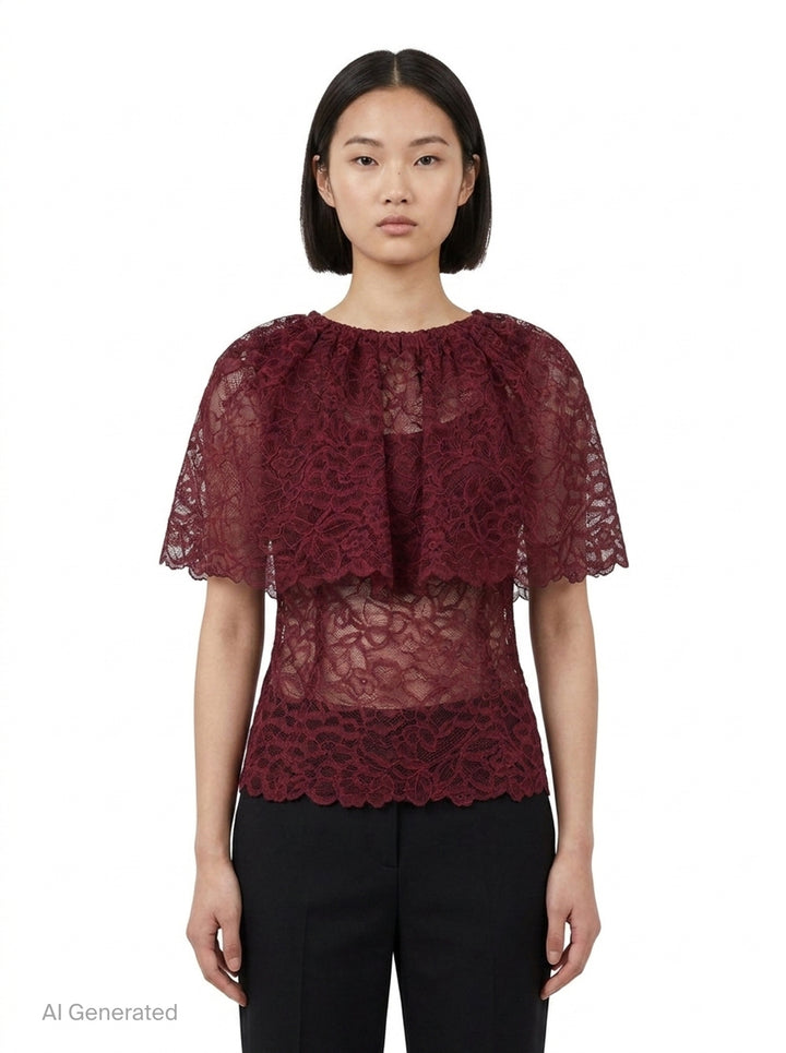 Burgundy Lace Cape Top | Self-Portrait | Club21 - front