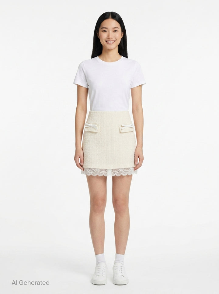Cream Bouclé Lace Mini Skirt | Self-Portrait | Club21 - front