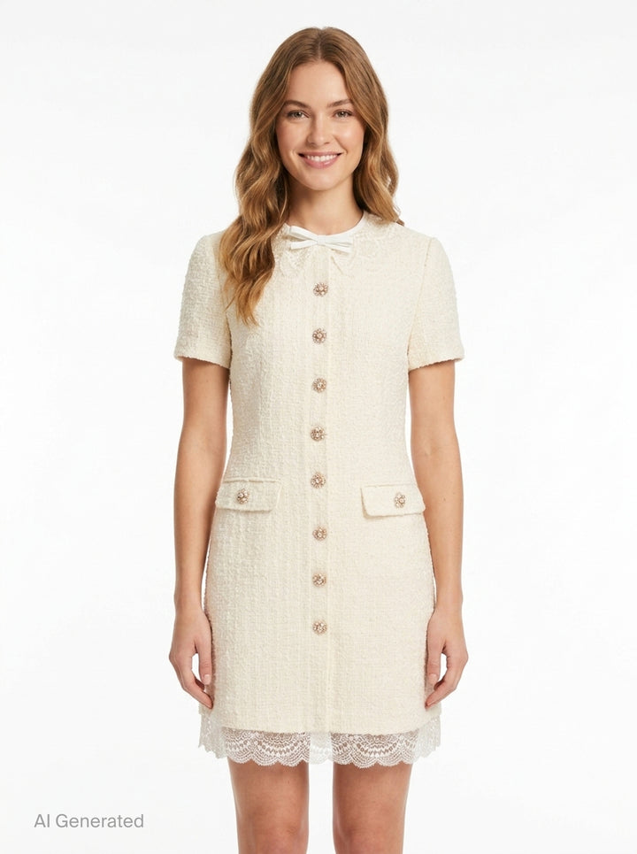 Cream Bouclé Lace Trim Mini Dress | Self-Portrait | Club21 - front