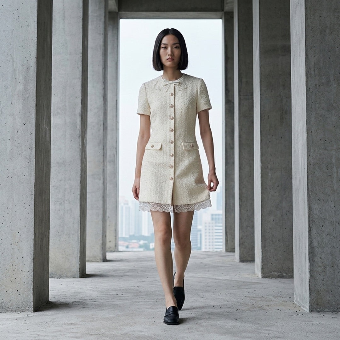 Cream Bouclé Lace Trim Mini Dress | Self-Portrait | Club21 - lifestyle