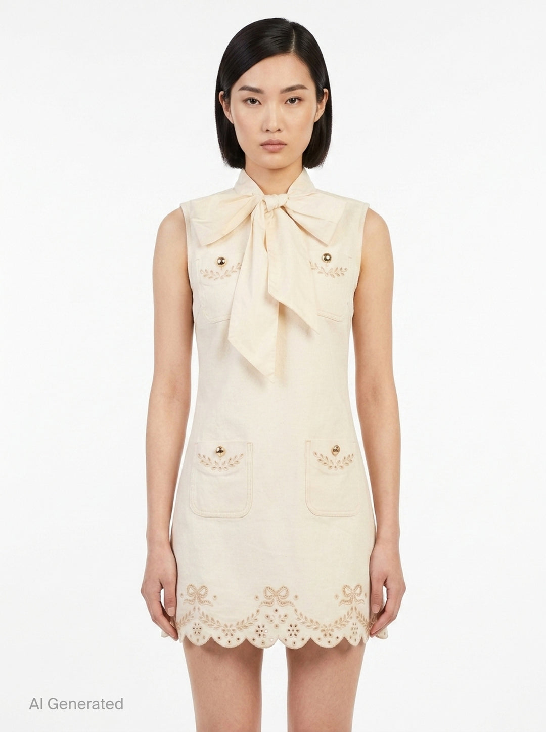 Cream Broderie Denim Mini Dress | Self-Portrait | Club21 - front