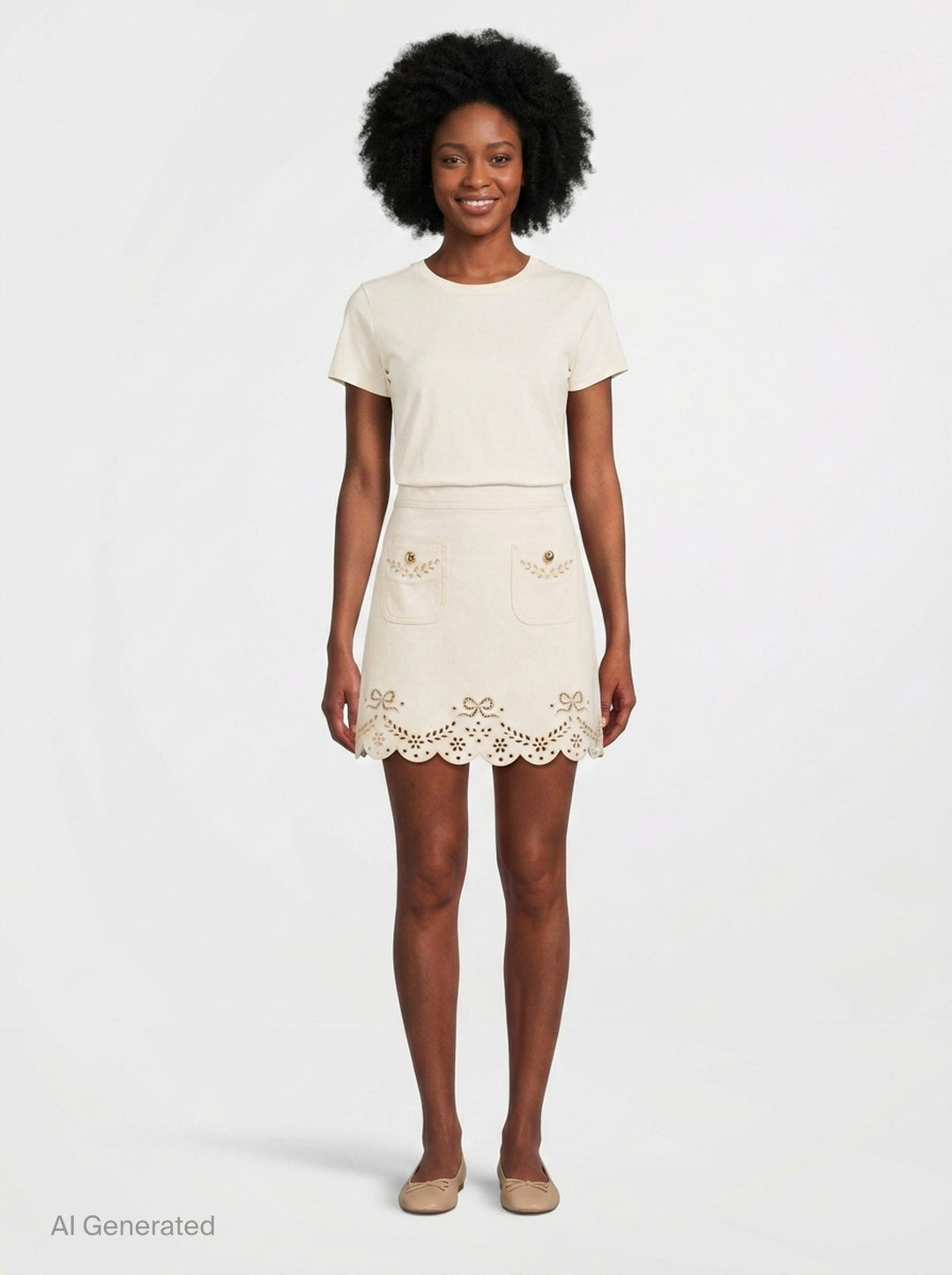 Cream Broderie Denim Mini Skirt | Self-Portrait | Club21 - front