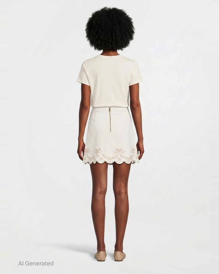 Cream Broderie Denim Mini Skirt | Self-Portrait | Club21 - back